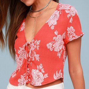 Lulu's Flying High Coral Red Floral Print Crop Top
